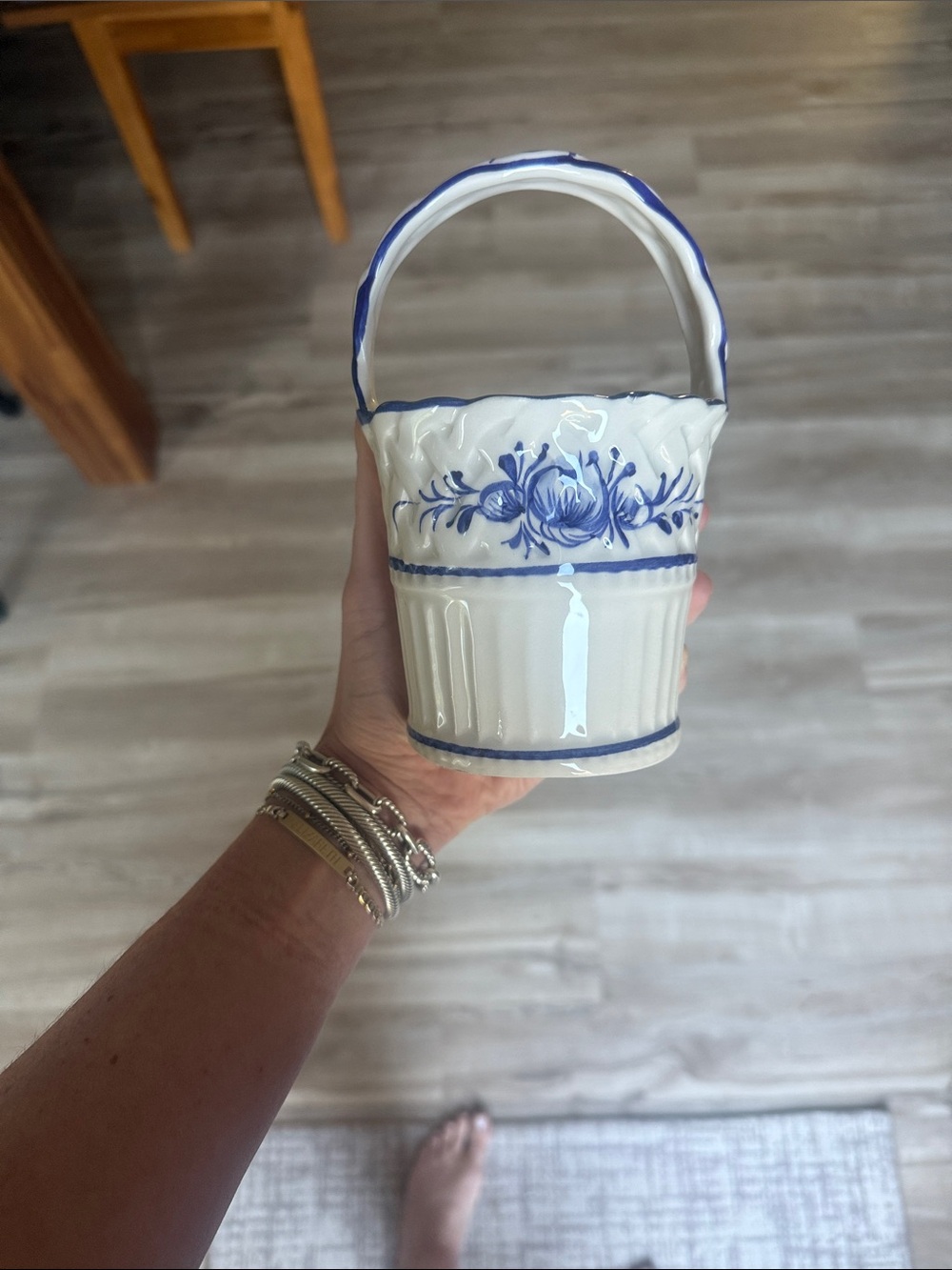 Vintage RCCL Portugal Hand Painted Blue White Ceramic Basket Delft Style